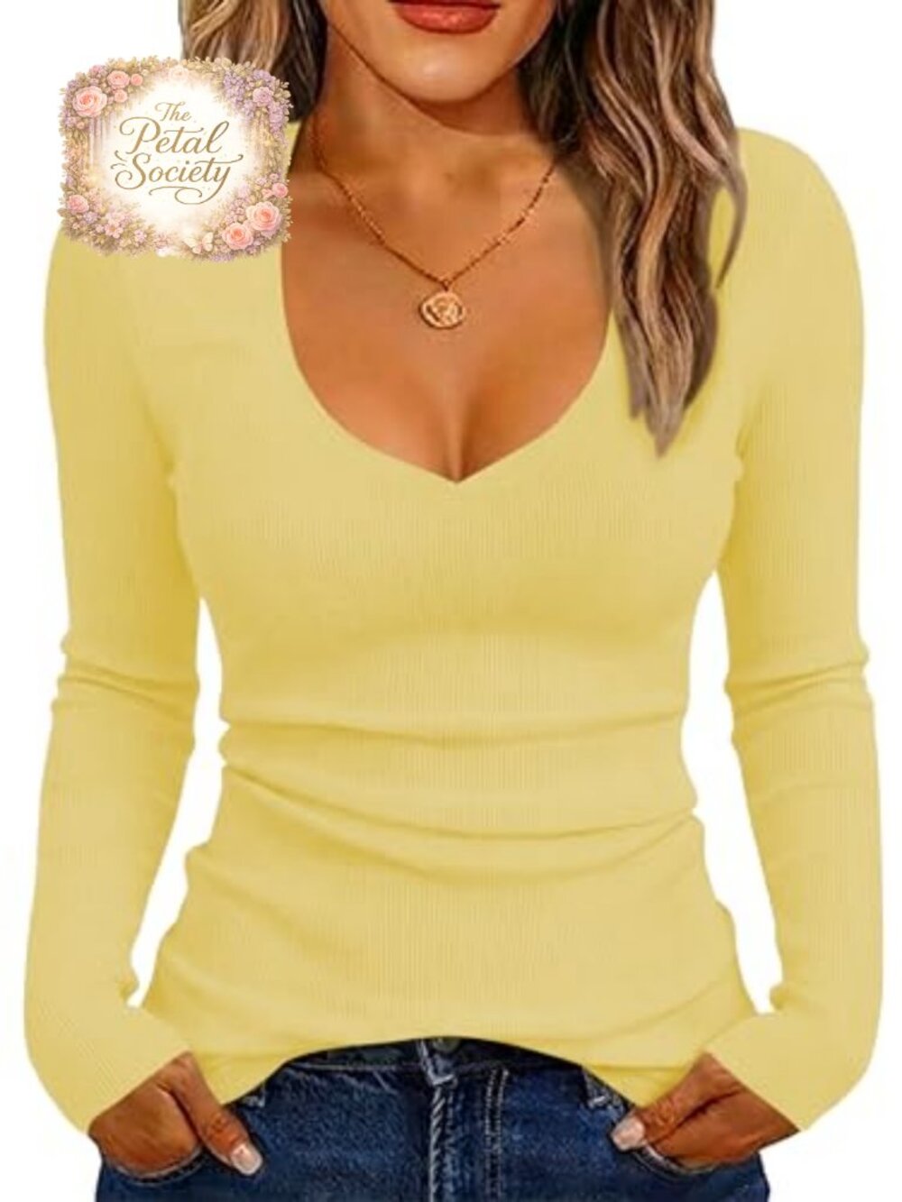 Women's Long Sleeve V Neck Ribbed Knit Slim Fit Business Casual Top